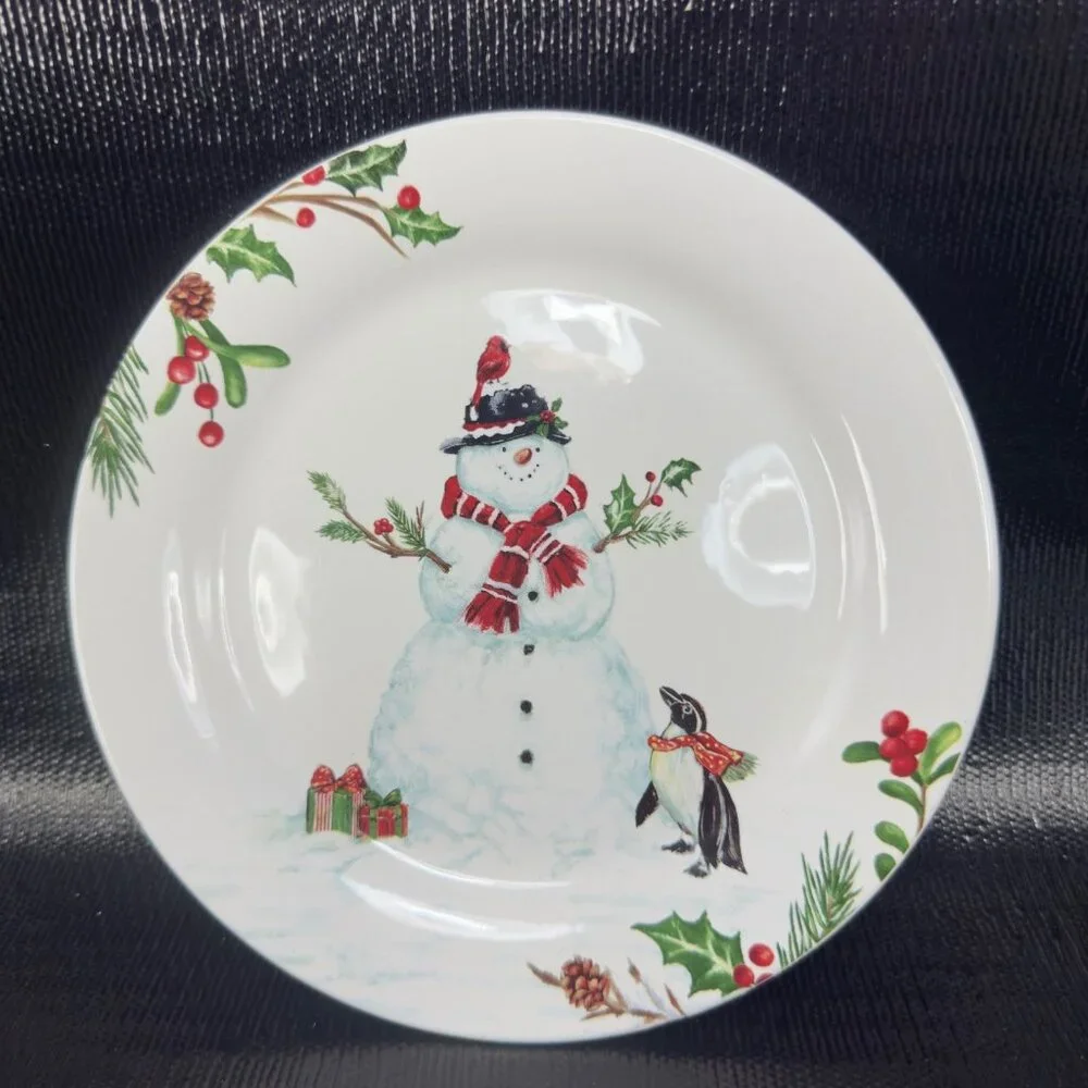 PIER 1 Winter Wonders Ironstone Plate Dish Set 4 Snowman Penguin Christmas 9inch